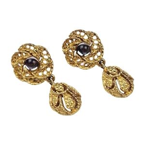 Vintage Flower Earrings Etruscan Gray Cabochon Brushed Gold Plated Dangle Post